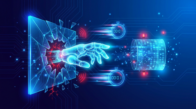 Ilustración IA sobre ciberataques acelerados por inteligencia artificial y robo de datos en minutos